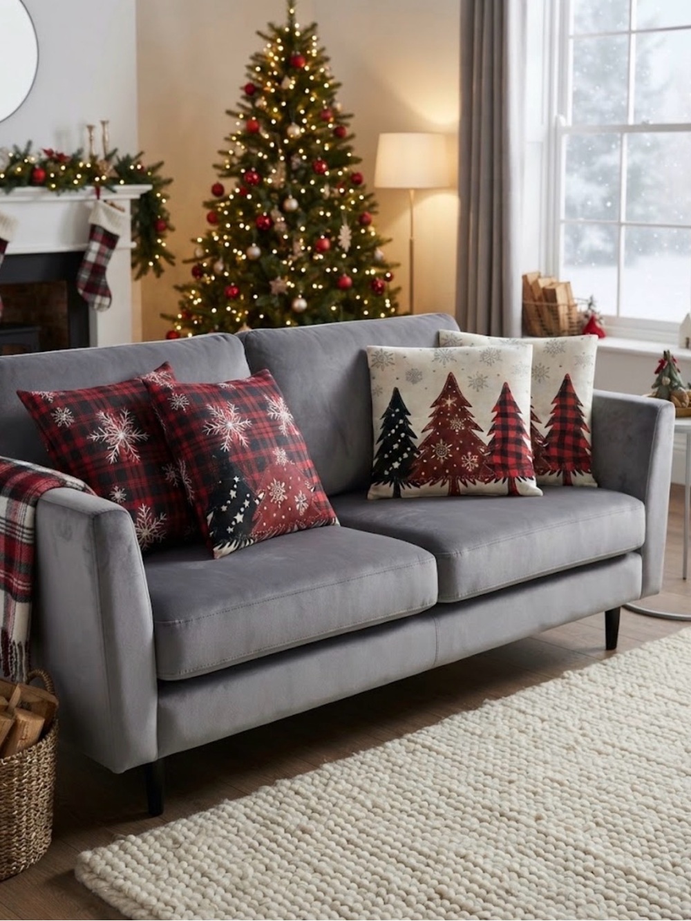 Set of 4 Christmas tree and snowflake holiday textile set Plaid Holiday pillow